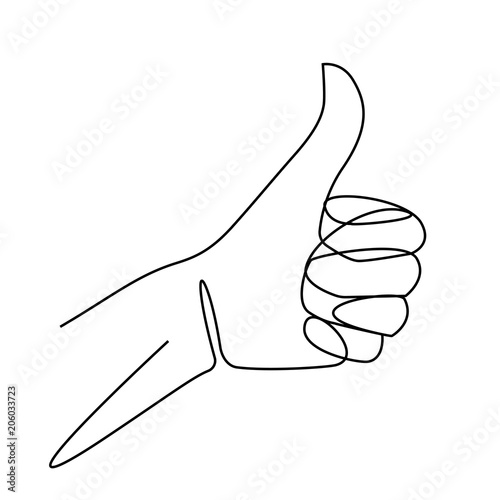 One line drawing of hand showing great sign. Continuous line finger up. Hand-drawn vector illustration of linear like gesture.