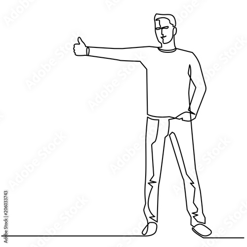 Continuous Line Drawing of Vector Hitchhiking on the road. Man with a backpack stopped a ride by thumbing. Isolated illustration of hitchhiker.