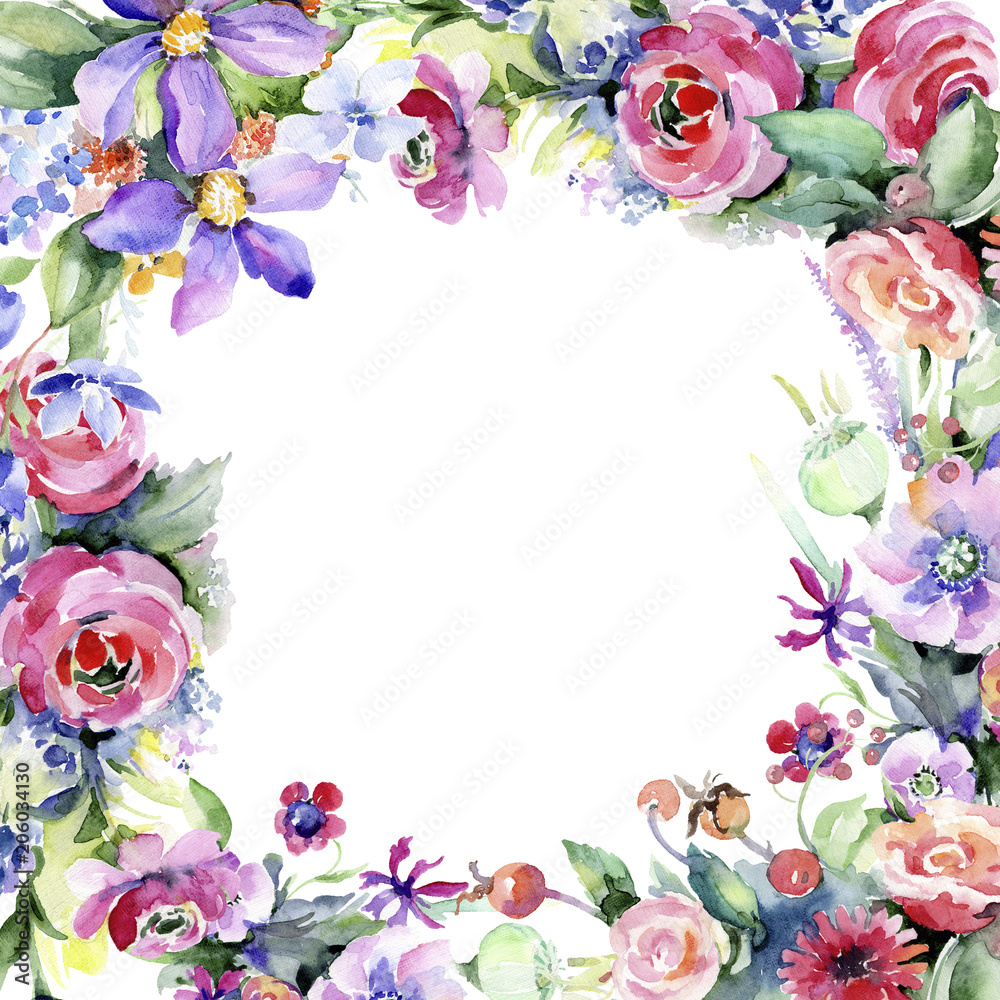 Fototapeta premium Colorful bouquet. Floral botanical flower. Frame border ornament square. Aquarelle wildflower for background, texture, wrapper pattern, frame or border.