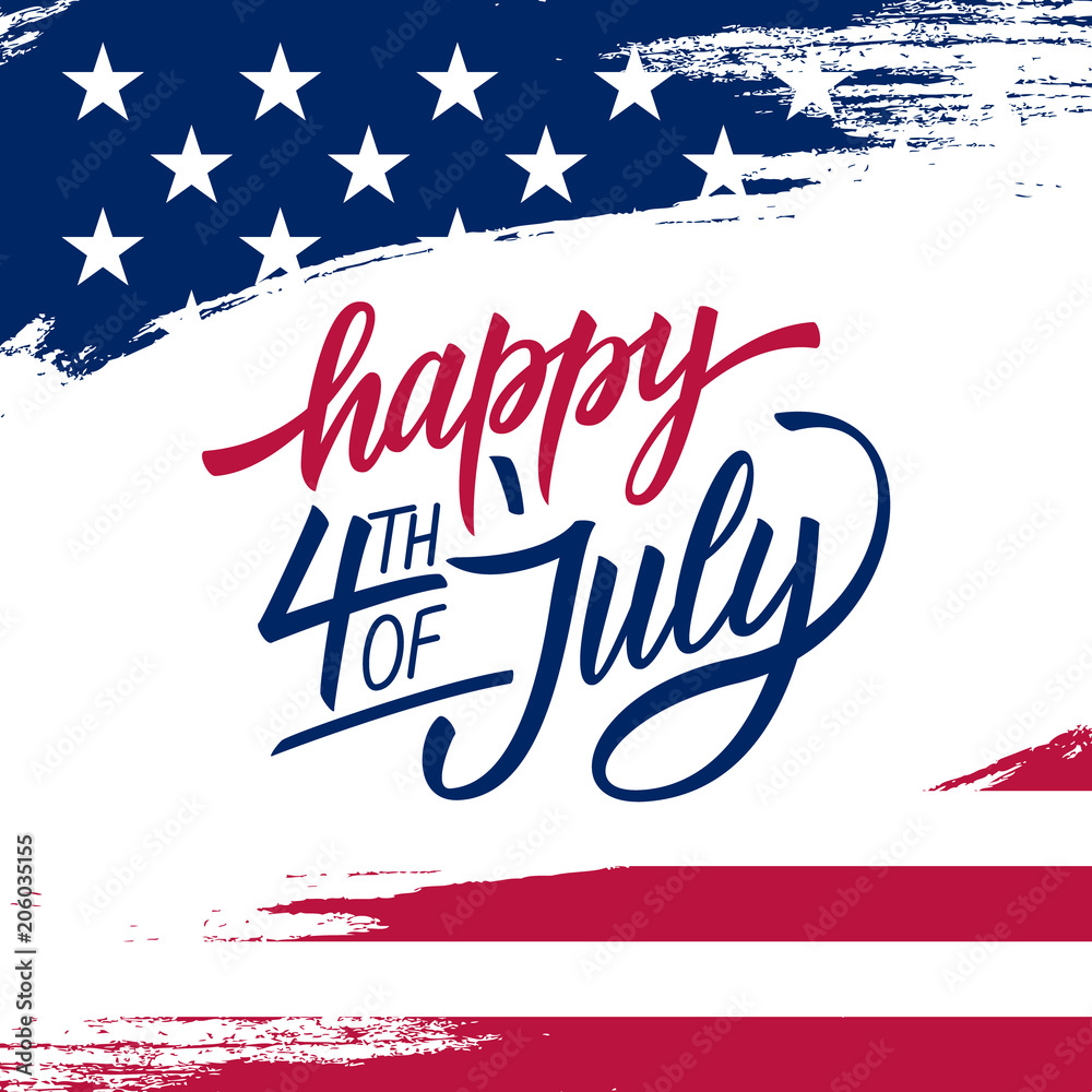 Happy Independence Day greeting card with brush stroke background in United States national flag colors and hand lettering text Happy 4th of July. Vector illustration. - obrazy, fototapety, plakaty 