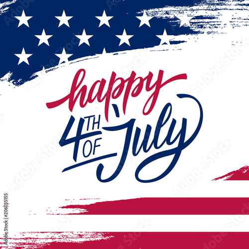 Happy Independence Day greeting card with brush stroke background in United States national flag colors and hand lettering text Happy 4th of July. Vector illustration.