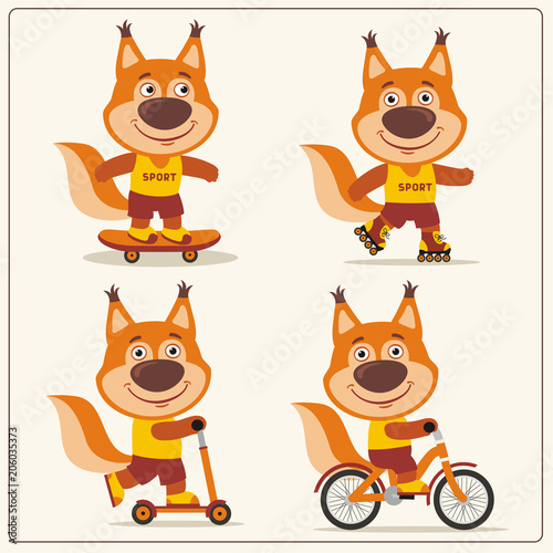 Set of isolated funny squirrel on bike, skateboard, scooter and roller skates.
