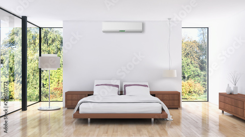 Modern bright bed room with air conditioning interiors 3D rendering illustration