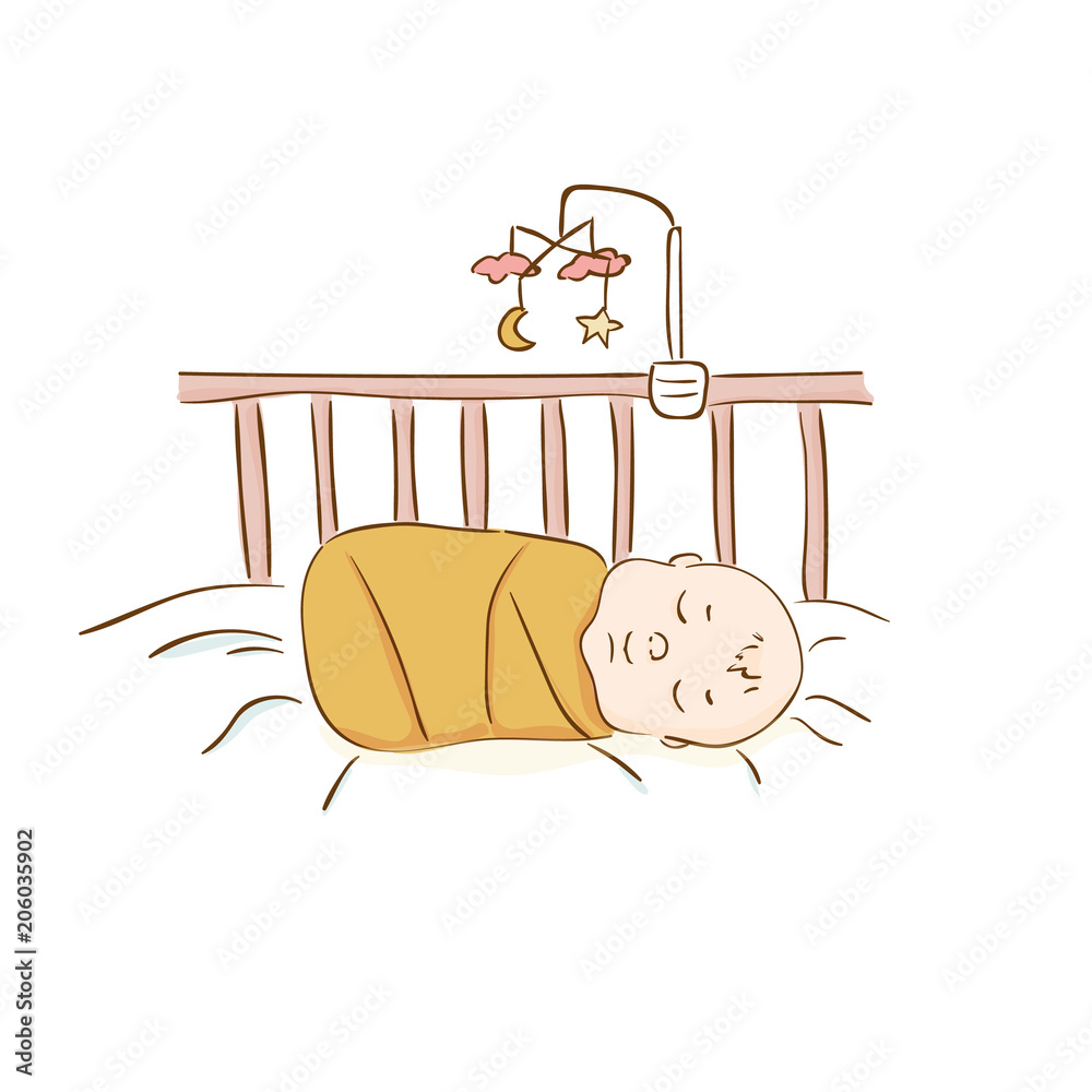 A cute newborn is sleeping in a crib. Vector cartoon illustration Stock  Vector | Adobe Stock
