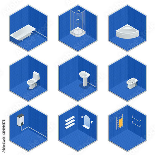 Vector isometric set of bathroom furniture. Jacuzzi, bath, boiler, washbasin, shower, shower, toilet, bidet, dryer, towel, mirror, shelves flat interior design home icons.