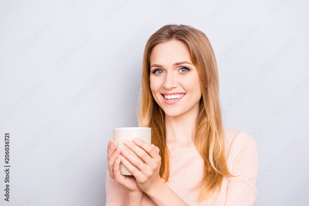 Arabica cappuccino good mood people person toothy beaming smile concept. Close up portrait of satisfied cheerful delightful relaxed cute lady enjoying cacao isolated on gray background copy-space Arabica cappuccino good mood people person toothy beaming smile concept. Close up portrait of satisfied cheerful delightful relaxed cute lady enjoying cacao isolated on gray background copy-space