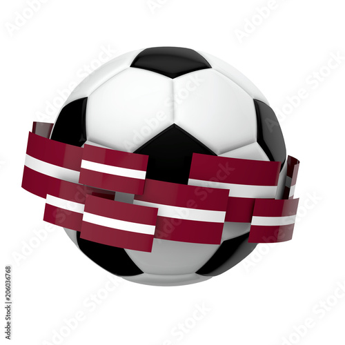 Soccer football with Latvia flag against a plain white background. 3D Rendering