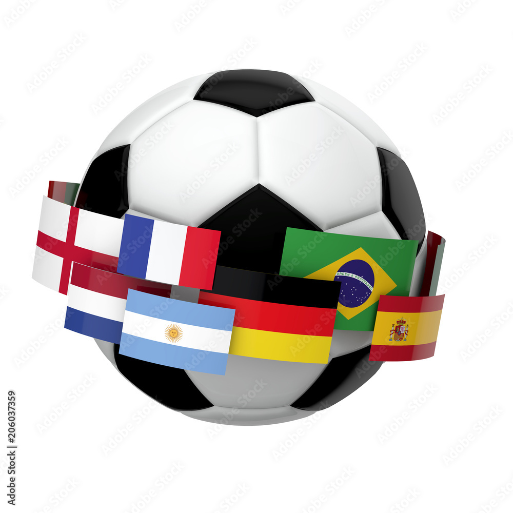 Soccer football with international flag against a plain white background. 3D Rendering Soccer football with international flag against a plain white background. 3D Rendering