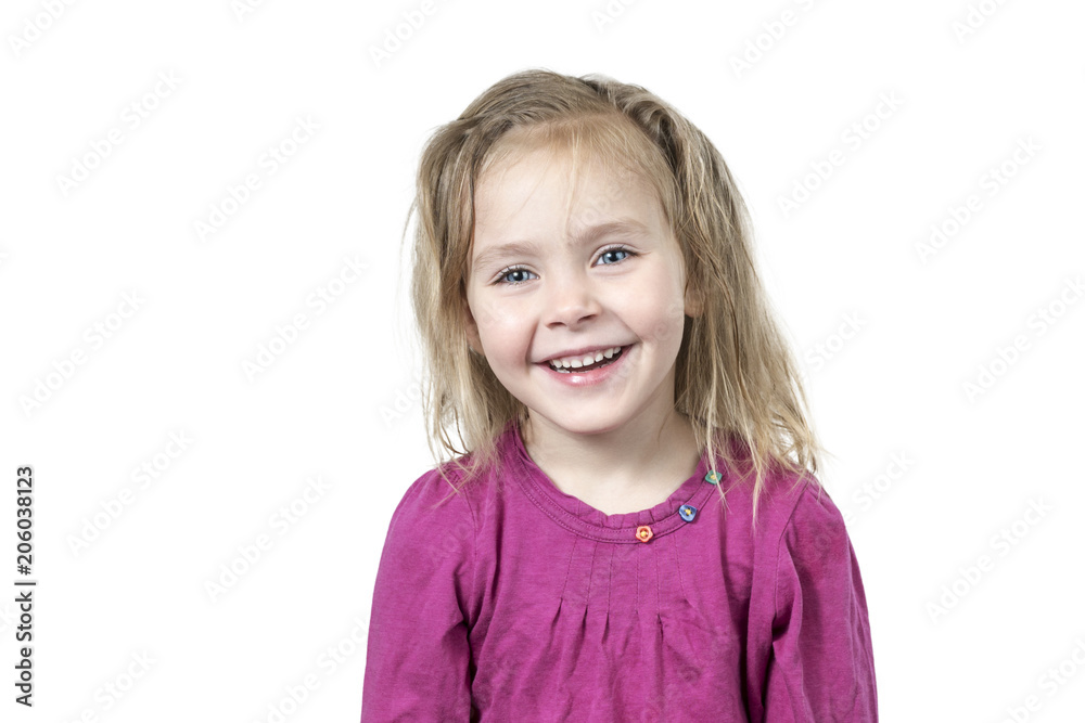 Portrait of little beautiful smiling girl with disheveled hair isolated on white background Portrait of little beautiful smiling girl with disheveled hair isolated on white background
