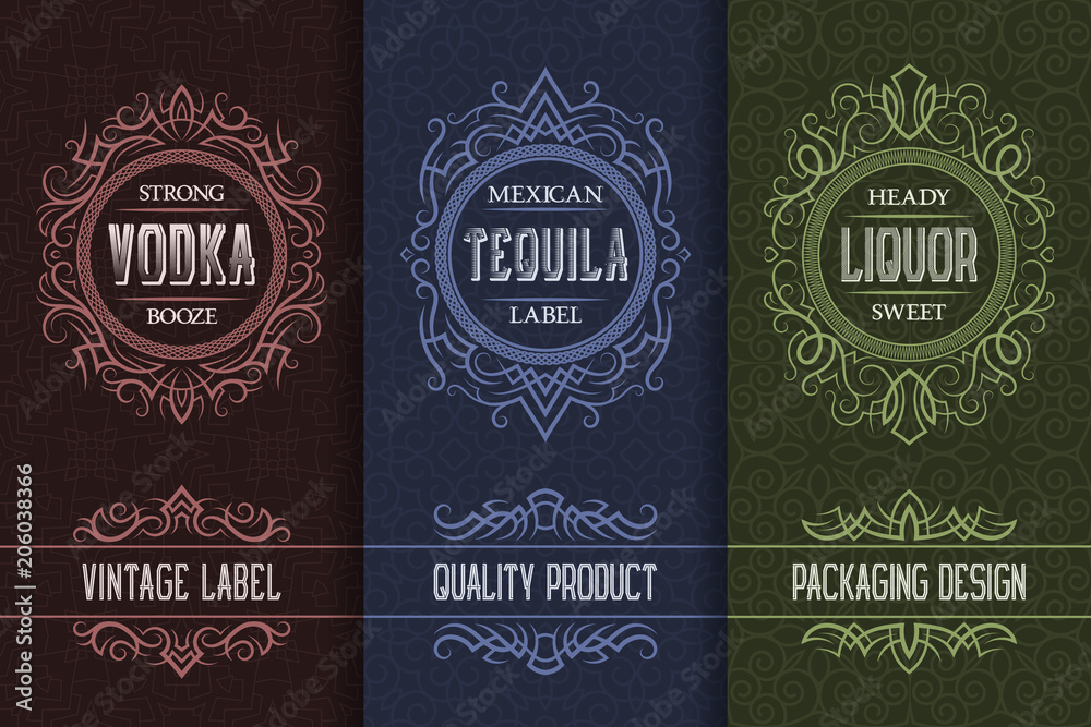 Vintage packaging design set with alcohol drink labels of vodka, tequila, liquor.