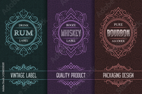 Vintage packaging design set with alcohol drink labels of rum, whiskey, bourbon.