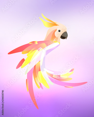 Stylized illustration of a parrot cockatoo with a multicolored tail on blurred background. Vector element for logos, icons and your design