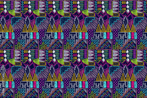 Fabric pattern. Tribal ornament. Ethnic style. Embroidery effect illustration. Mexican fabric. Brazilian textile. Vector pattern for fashion design, interior or printed products.