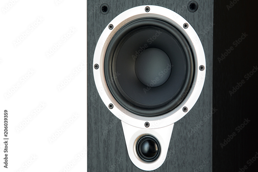 black speaker system close-up isolated on white background black speaker system close-up isolated on white background