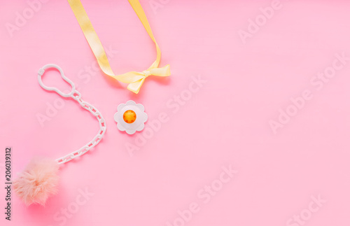 things, staff, accessories for newborn baby on pink background