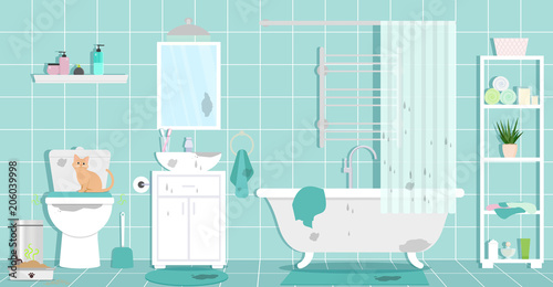 Dirty bathroom, toilet, cat's tray, dirty laundry. Vector flat illustration.