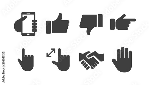 Icon pictogram set of hands with technology symbol, okay sign and thumbs down, handshake and other gestures