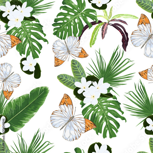 Seamless pattern with tiare flowers, tropical leaves and butterflies. 