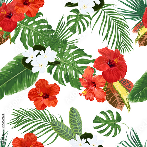 Seamless pattern with tropical leaves, tiarе flowers and hibiscus. 