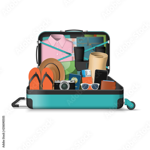 Opened travel suitcase full of things for summer vacation. Vector illustration isolated on white background