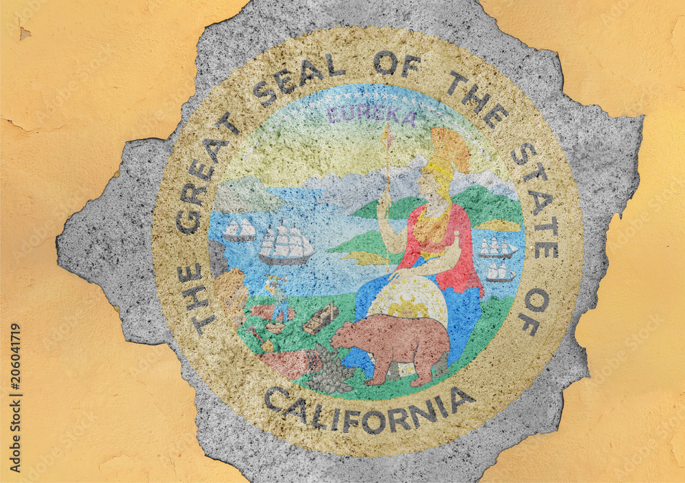 Flag of US state California seal in big broken material concrete hole facade structure