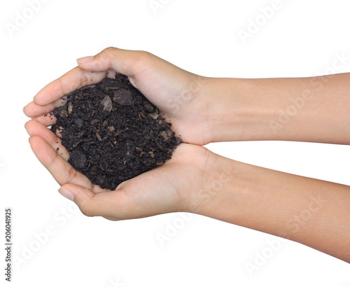 Hand holding a black soil on white background with clipping path