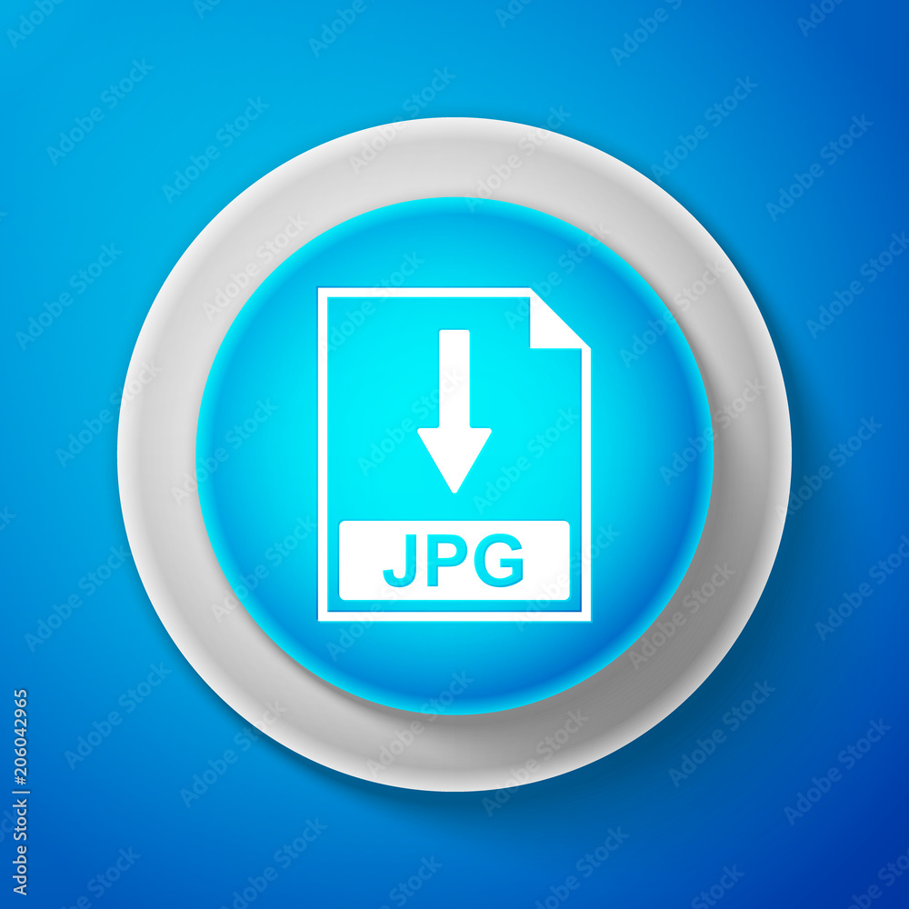 White JPG file document icon isolated on blue background. Download JPG button sign. Circle blue button with white line. Vector Illustration
