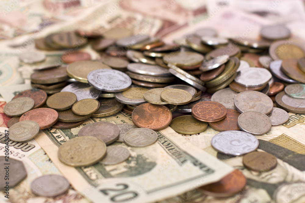 Paper money and coins of different countries Paper money and coins of different countries