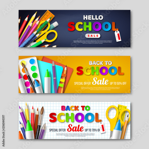 Back to school sale horizontal banners with 3d realistic school supplies and paper cut style letters. Poster for seasonal discount. Vector illustration.