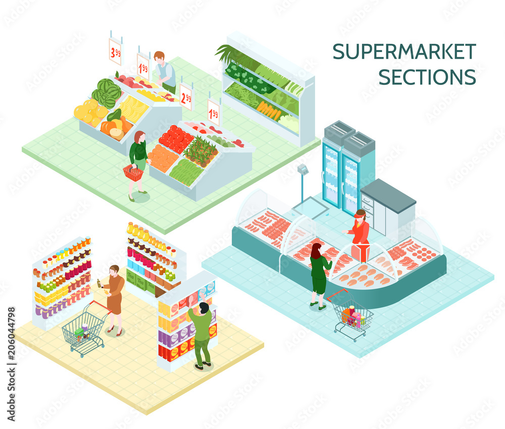 Supermarket Sections Isometric Compositions