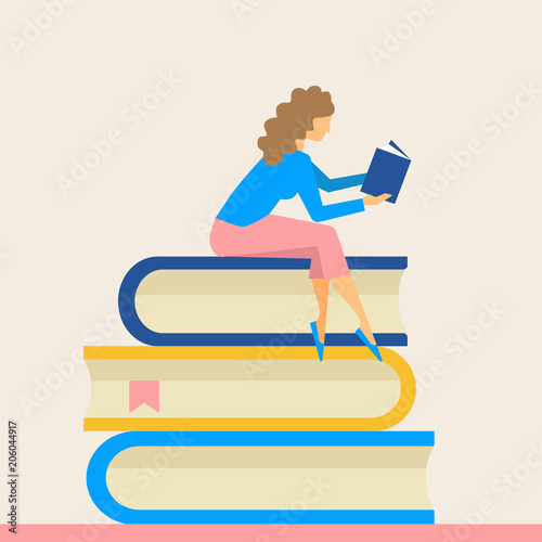 girl sitting on pile of books with open book in her hands, concept of education, flat vector illustration