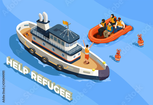 Refugee Boat Isometric Background