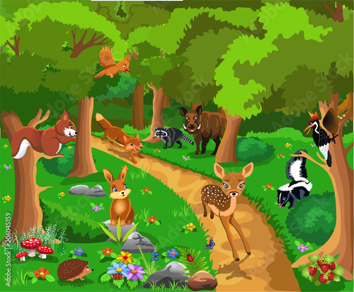 wild animals life living in the forest: a fox chasing away a fawn deer