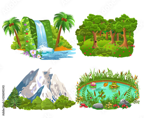 set of four natural icons like island, forest, mountains and pond