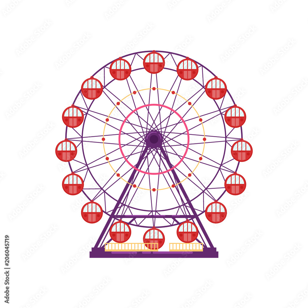Obraz premium Colorful ferris wheel, amusement park element in flat style isolated on white background. Family entertainment, merry-go-round, funfair carnival vector illustration
