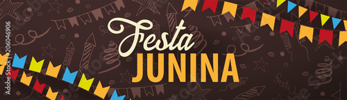Festa Junina background with hand draw doodle elements and party flags. Brazil or Latin American holiday. Vector illustration