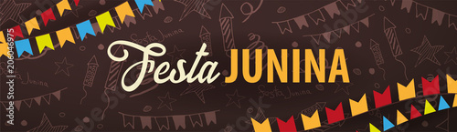 Festa Junina background with hand draw doodle elements and party flags. Brazil or Latin American holiday. Vector illustration