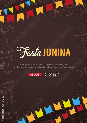 Festa Junina background with hand draw doodle elements and party flags. Brazil or Latin American holiday. Vector illustration