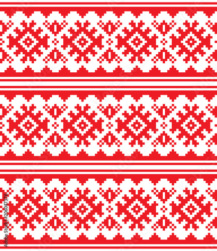 Scandinavian, Nordic vector seamless pattern, Lapland long red folk art design, Sami people traditional embroidery
