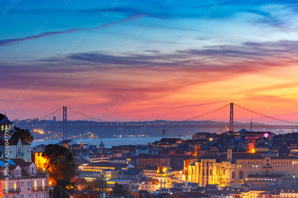 Tagus River and 25 de Abril Bridge at scenic sunset, Lisbon, Portugal