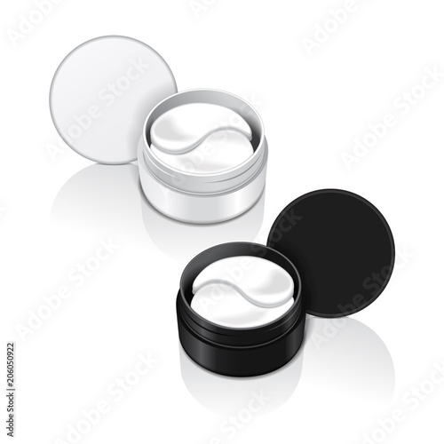Containers with hydrogel patches for the eyes. Vector illustration of realistic eye gel patches