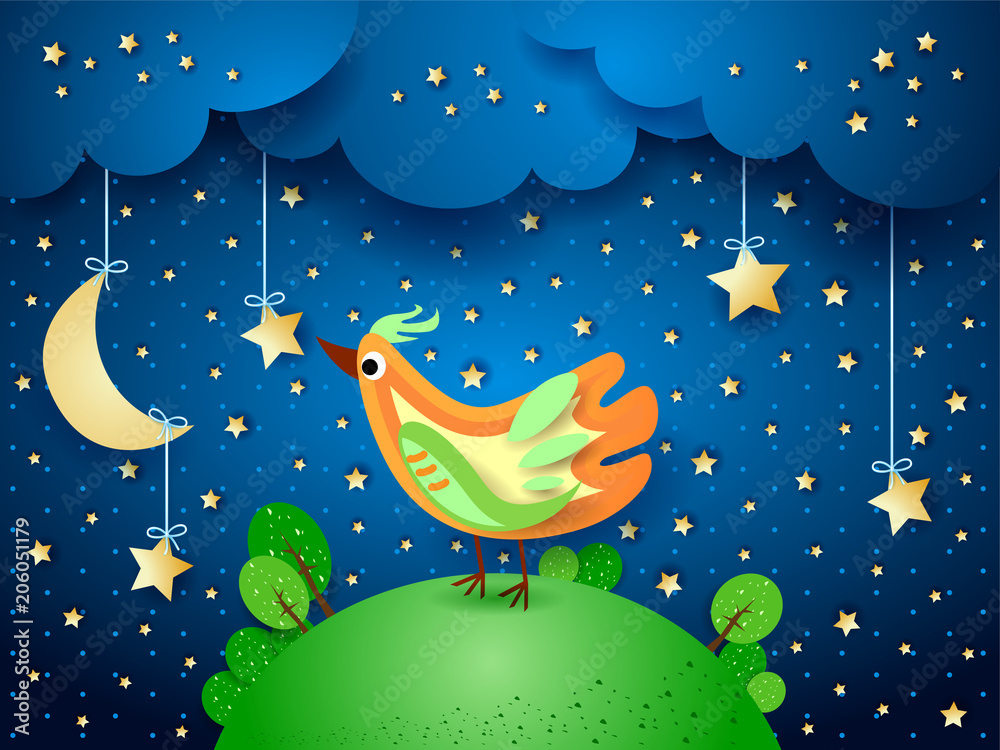 Surreal night with hanging stars and bird