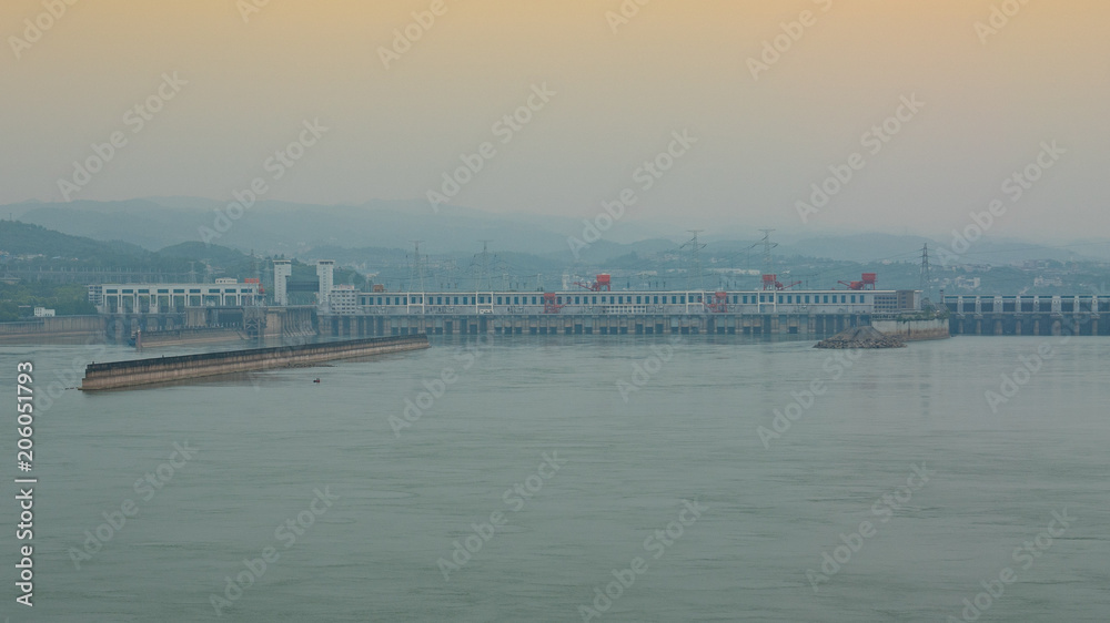 Distant view of the Three Gorges Dam over Yangtze river in Yichang China