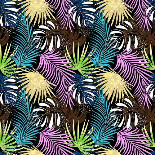 Seamless colorful tropical pattern. Leaves of a palm, monstera on a dark background.