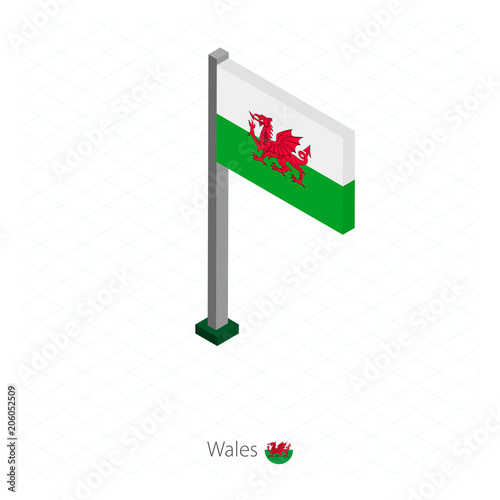 Wales Flag on Flagpole in Isometric dimension.