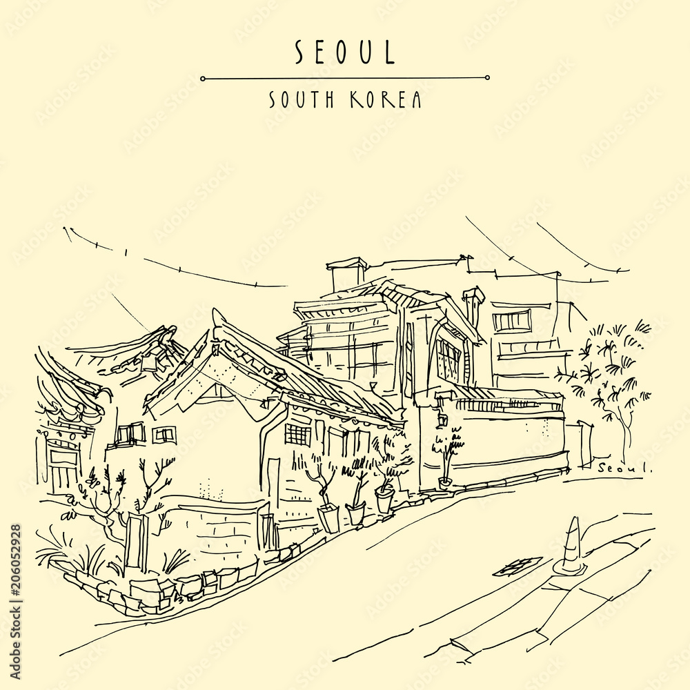 Seoul, South Korea. Hanok Bukchon. Hand drawn vintage touristic postcard