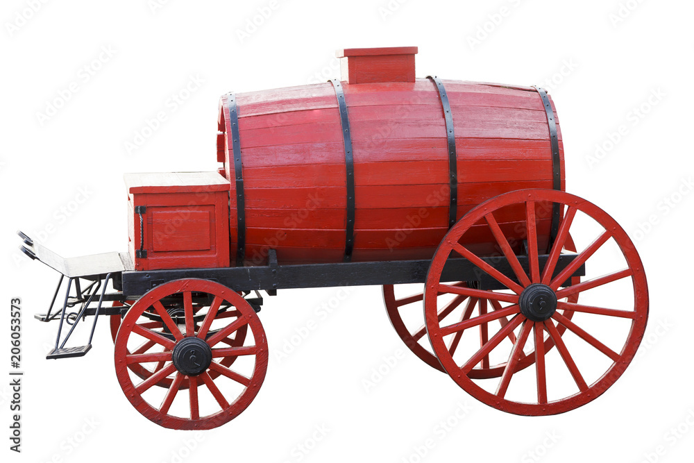 barrel on wheels red, old fire truck isolated on white background
