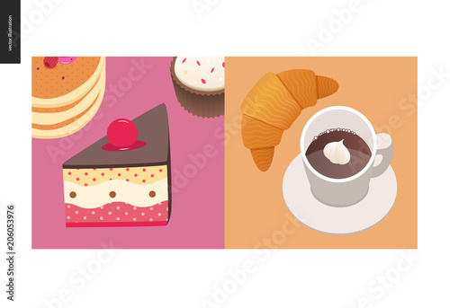 Simple things - meal - flat cartoon vector illustration of cake with cherry on top, stack of american pancakes with berries on top, cupcake, croissant and coffee with whipped cream - meal composition