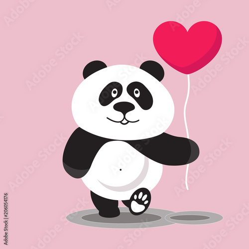 Cute panda bear in cartoon style with  balloon heart on  pink background. Suitable for postcards  covers  prints  posters. Flat design. Vector illustration