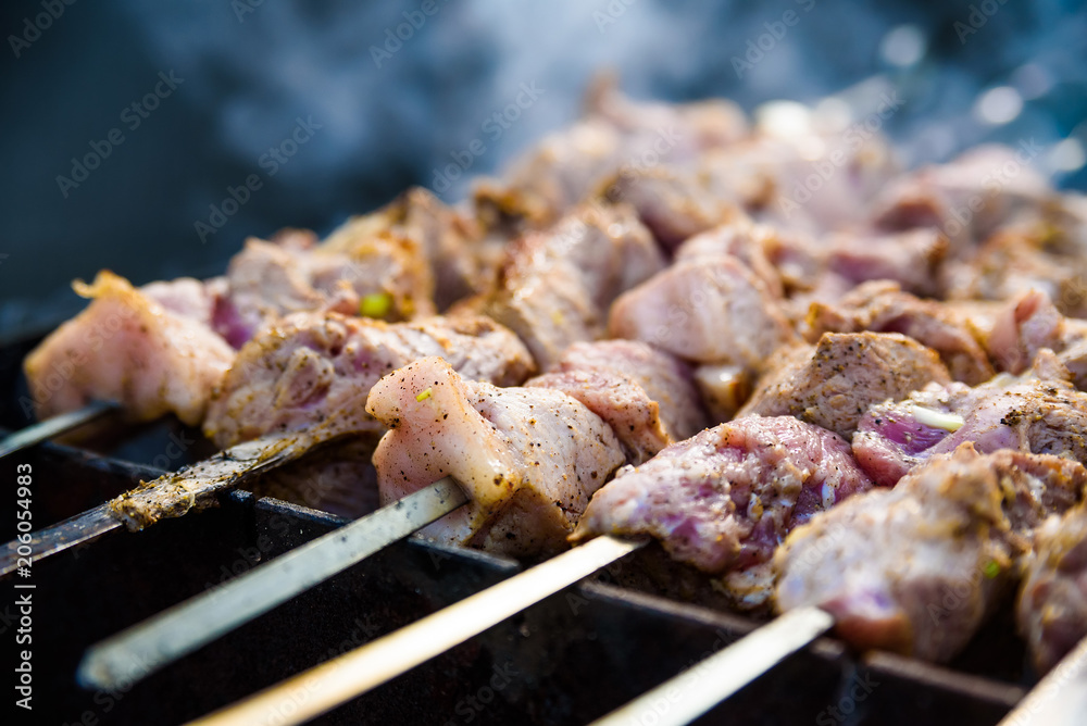 Close-up shashlik or barbeque on skewers Close-up shashlik or barbeque on skewers